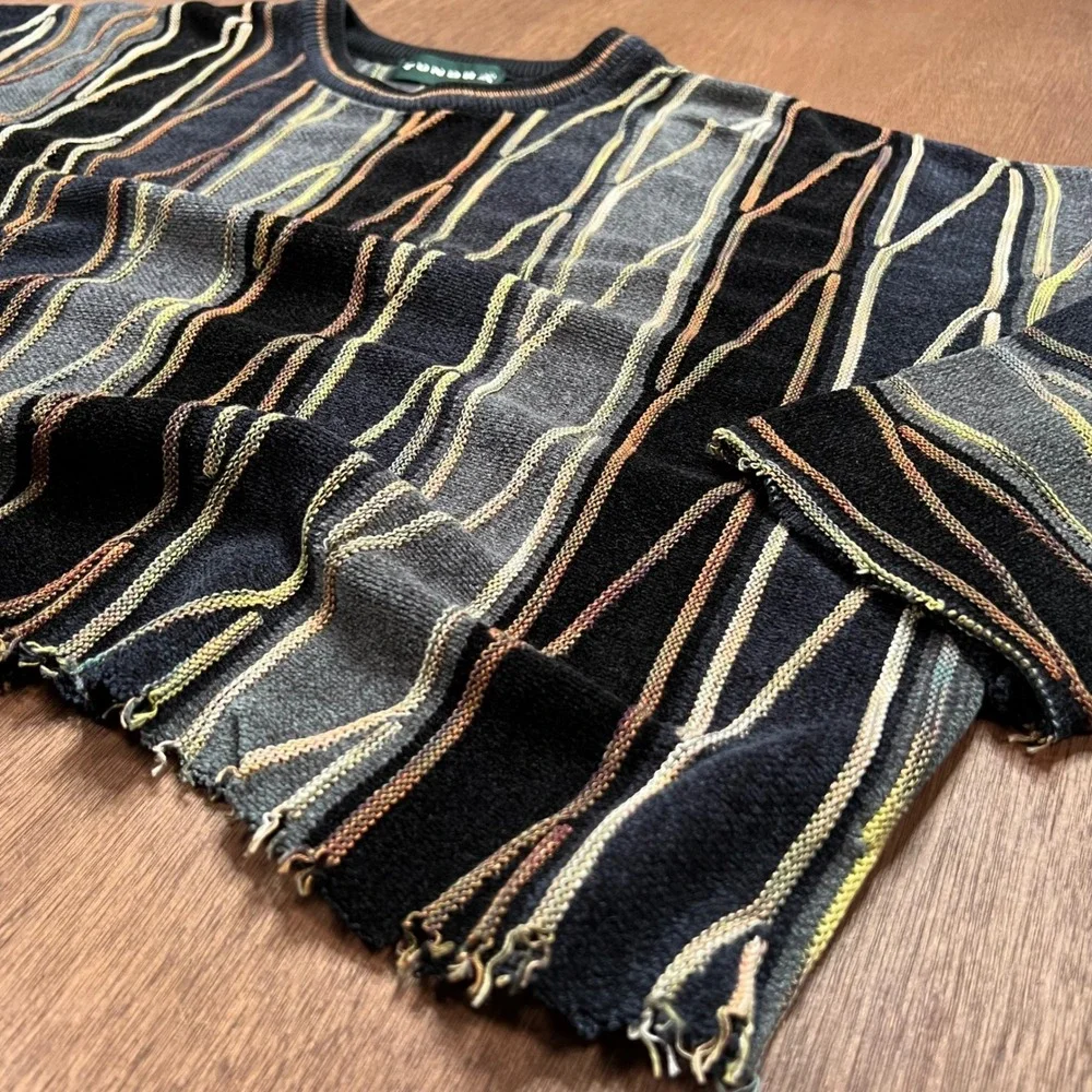 Tundra Canada 3D Knit Sweater XL Multi Color Cropped Raw Hem Coogi Style - Picture 3 of 10